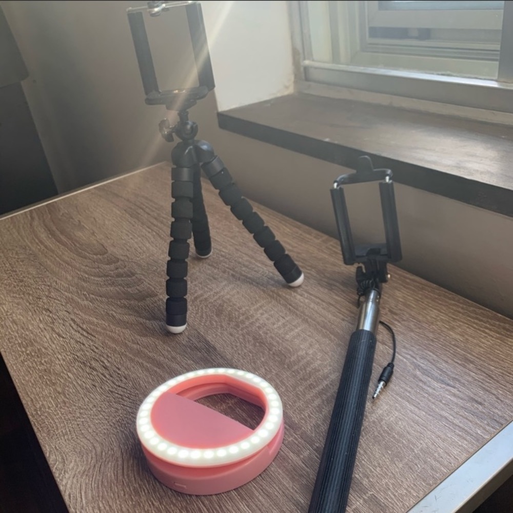 tri pod,selfie stick, and ring light; keep reading